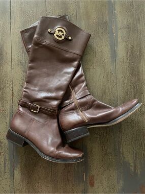 Michael Kors Dark Brown Leather Tall Riding Boots with Gold MK Emblem